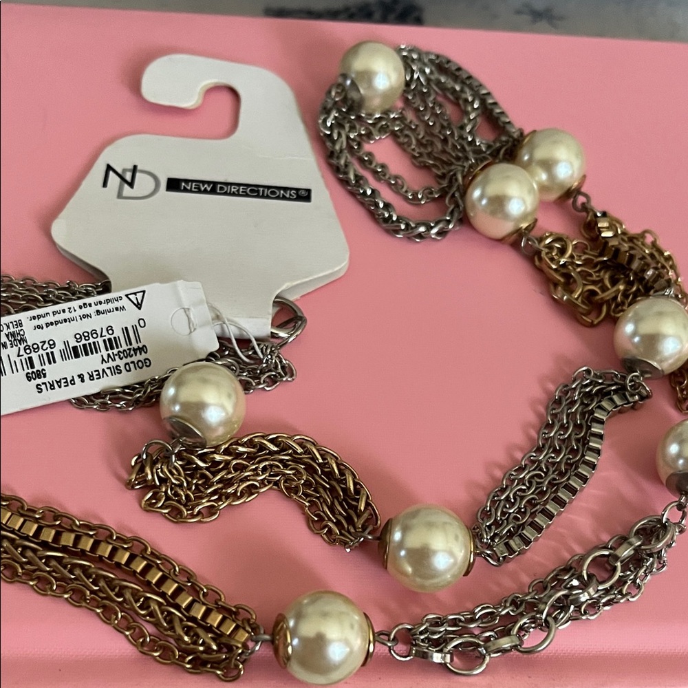 new directions Gold & Silver Multi-Chain Necklace with Ivory Faux Pearls